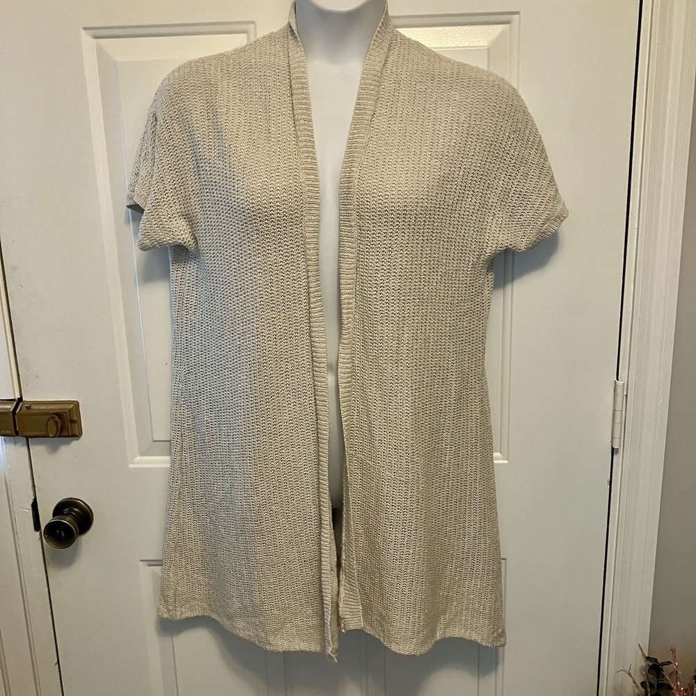 Eileen‎ Fisher XL Beige Knit Open Front Linen/Silk Short Sleeve Cardigan Sweater